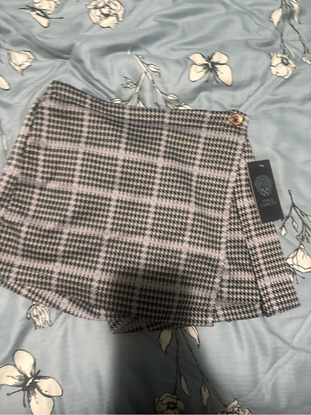 Vince Camuto Black and Lavender Plaid Mini Skirt